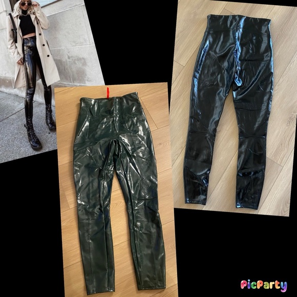 GORG!! LOT OF 2 SPANX FAUX PATENT LEATHER LEGGING MEDIUM M FOREST GREEN BLACK - Picture 1 of 8